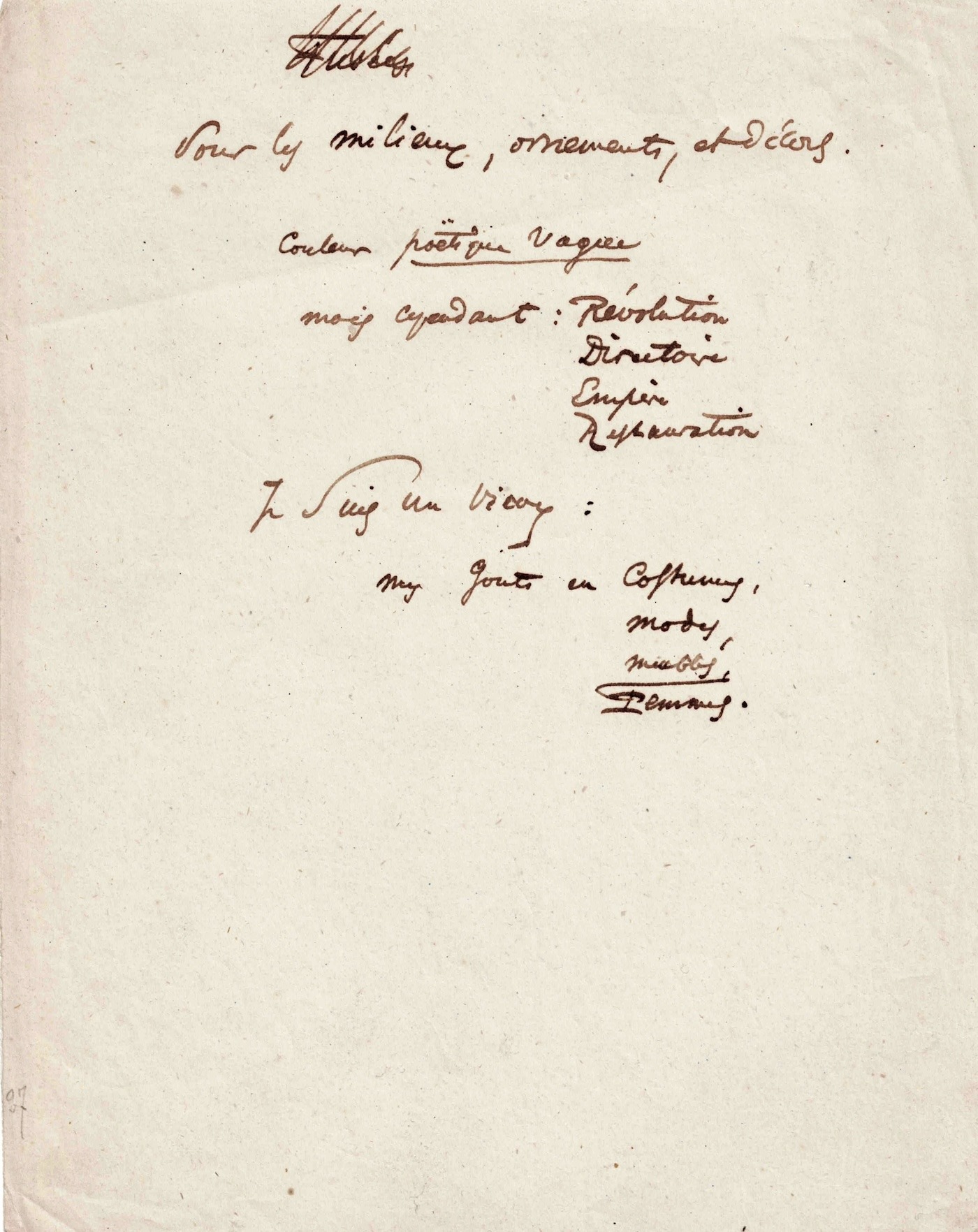 Geheimnisvolles Manuskript von Charles Baudelaire, in dem er seine Gedanken auflistet.