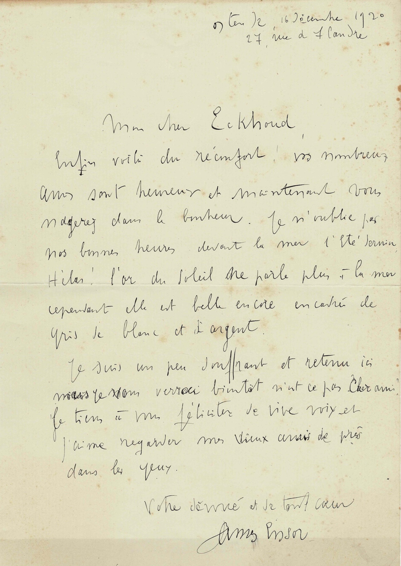 James ENSOR écrit à son ami anarchiste Georges Eekhoud. 1920.