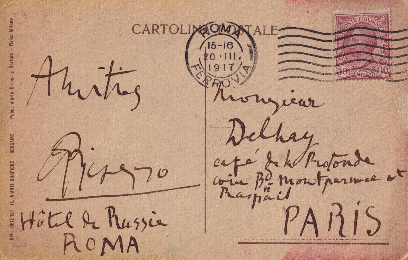 À Rome pour le ballet "Parade", Pablo PICASSO envoie ses amitiés.