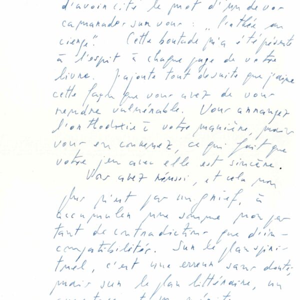 Emil CIORAN félicite Gabriel Matzneff de son dernier ouvrage. 1972.