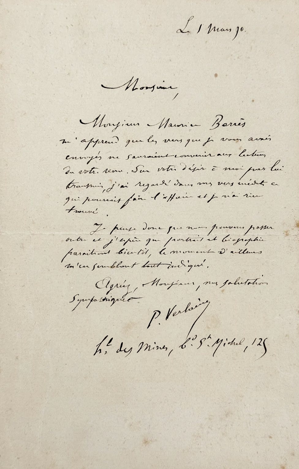 Les vers de Paul VERLAINE sont refusés par une revue. 1890.