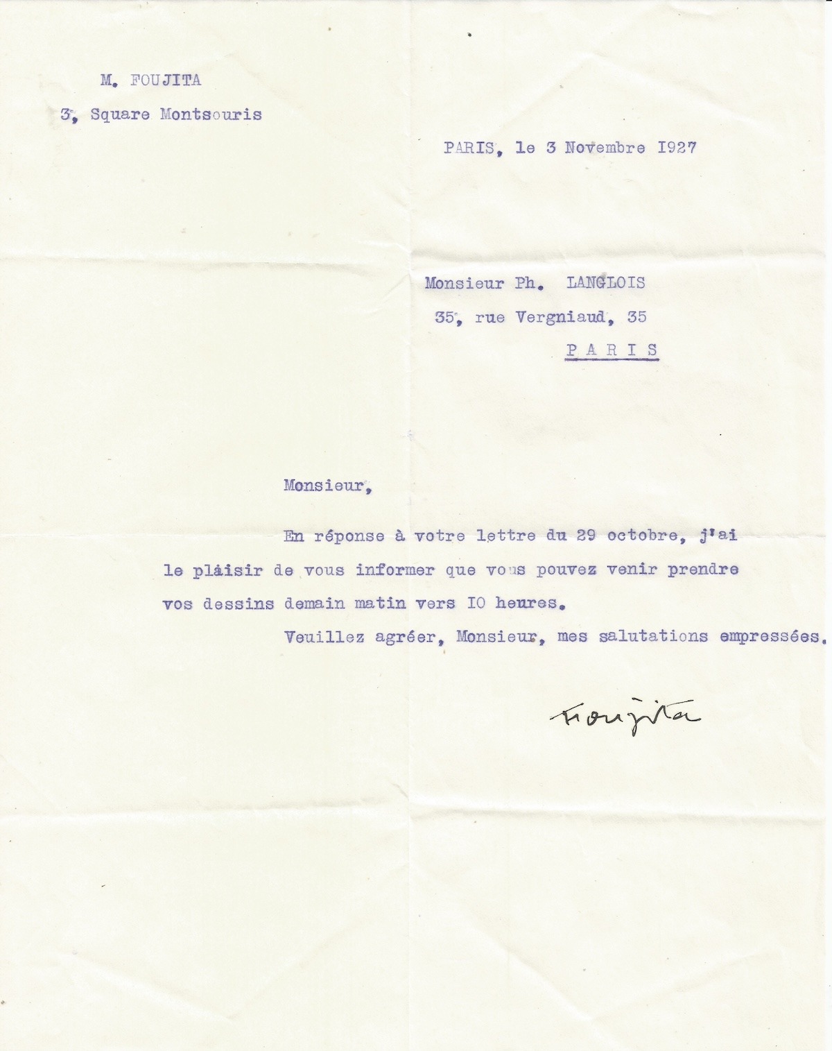 FOUJITA met à disposition ses dessins pour un collectionneur. 1927.