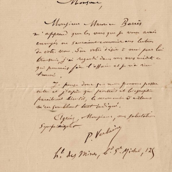 La poésie de Paul VERLAINE est refusée par une revue littéraire. 1890.