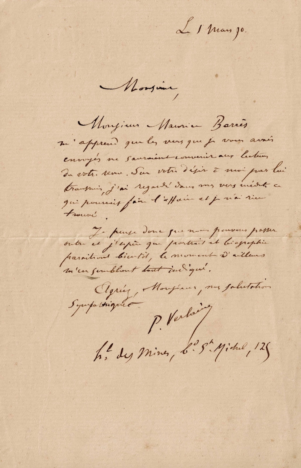 La poésie de Paul VERLAINE est refusée par une revue littéraire. 1890.