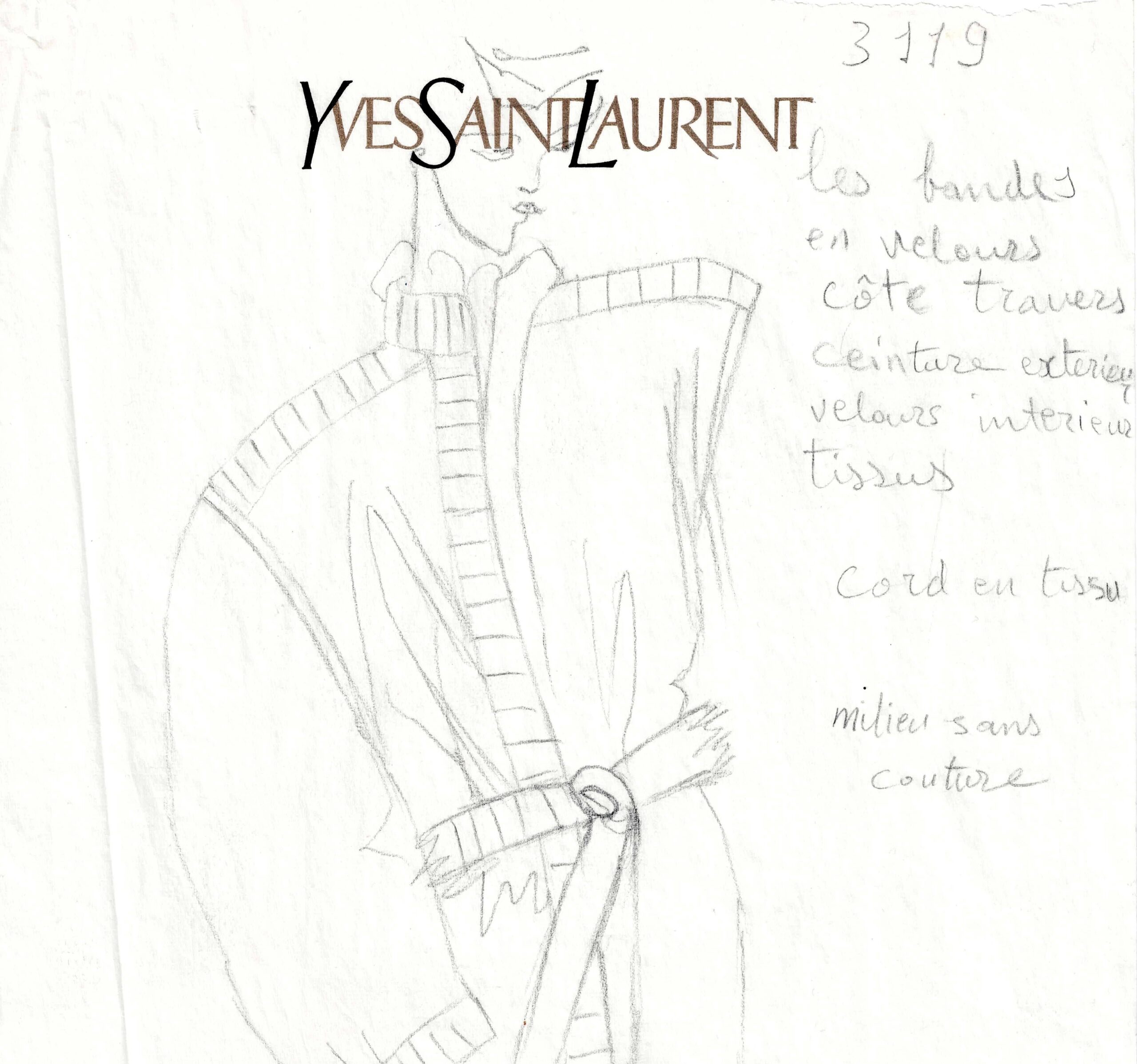 Yves SAINT LAURENT sketches a women's coat for YSL.