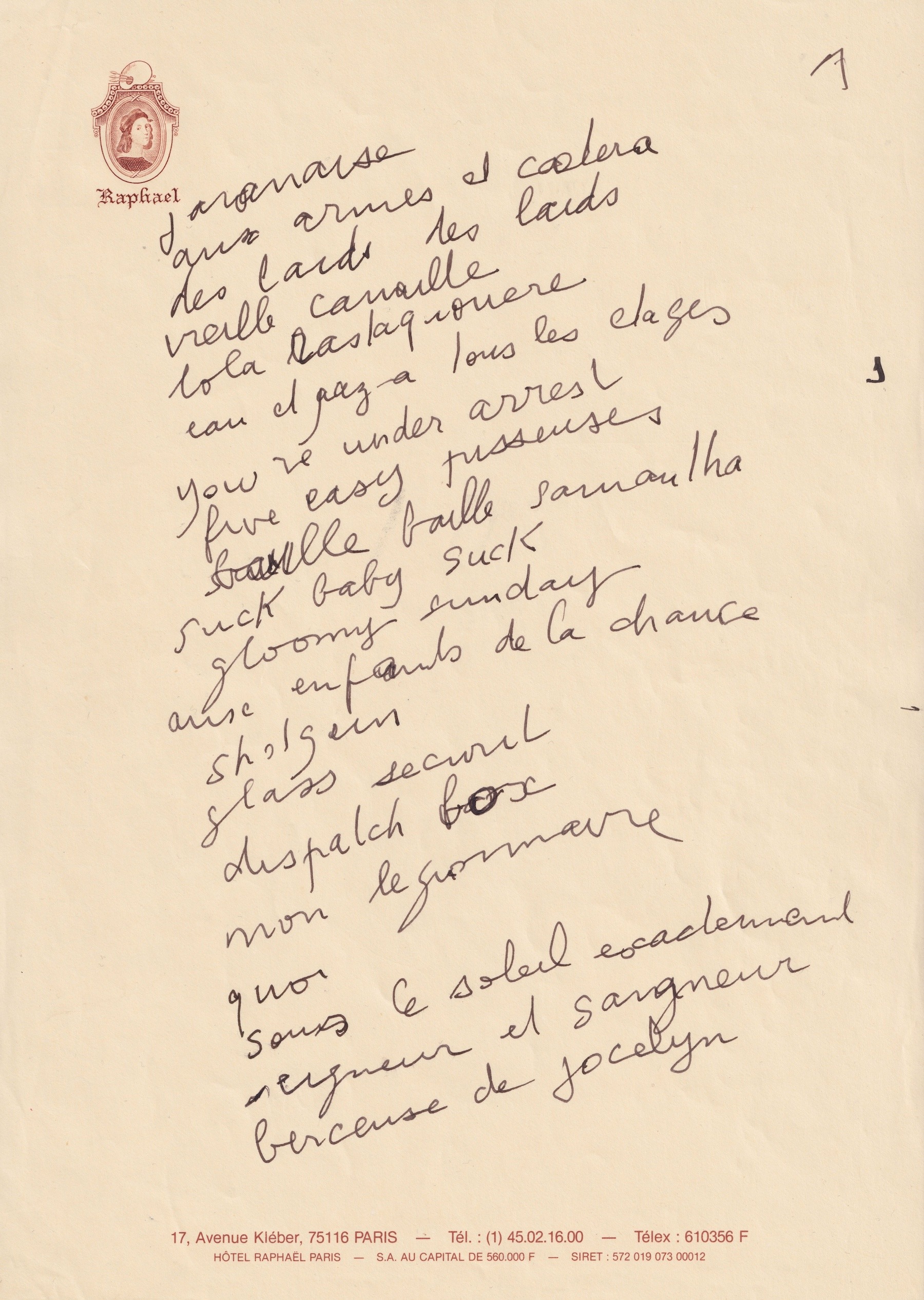 Serge Gainsbourg listet 44 seiner Meisterwerke auf. Hôtel Raphaël. 1988.