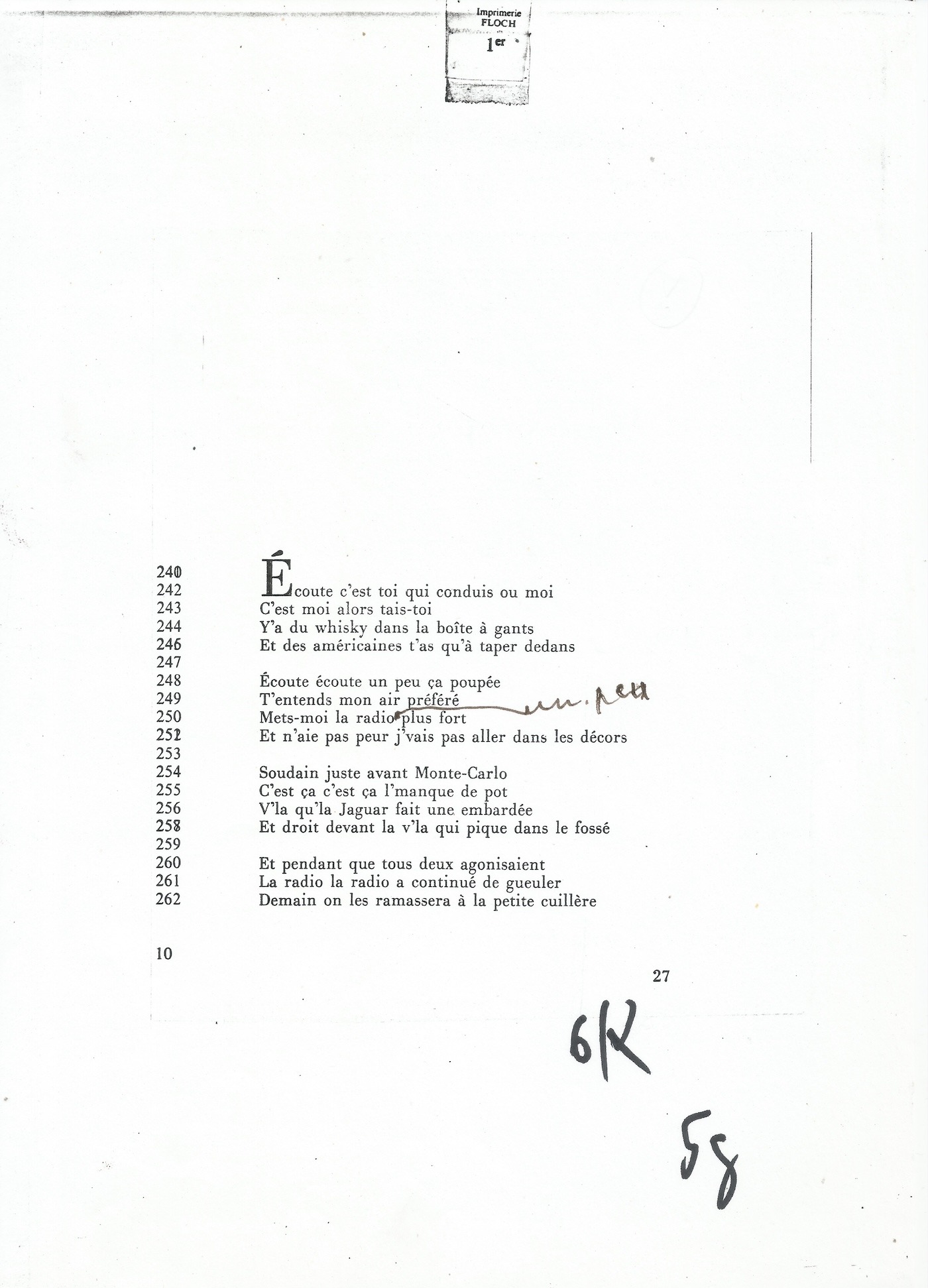Serge GAINSBOURG - "Jazz in the Ravine" - Signed autograph notes.