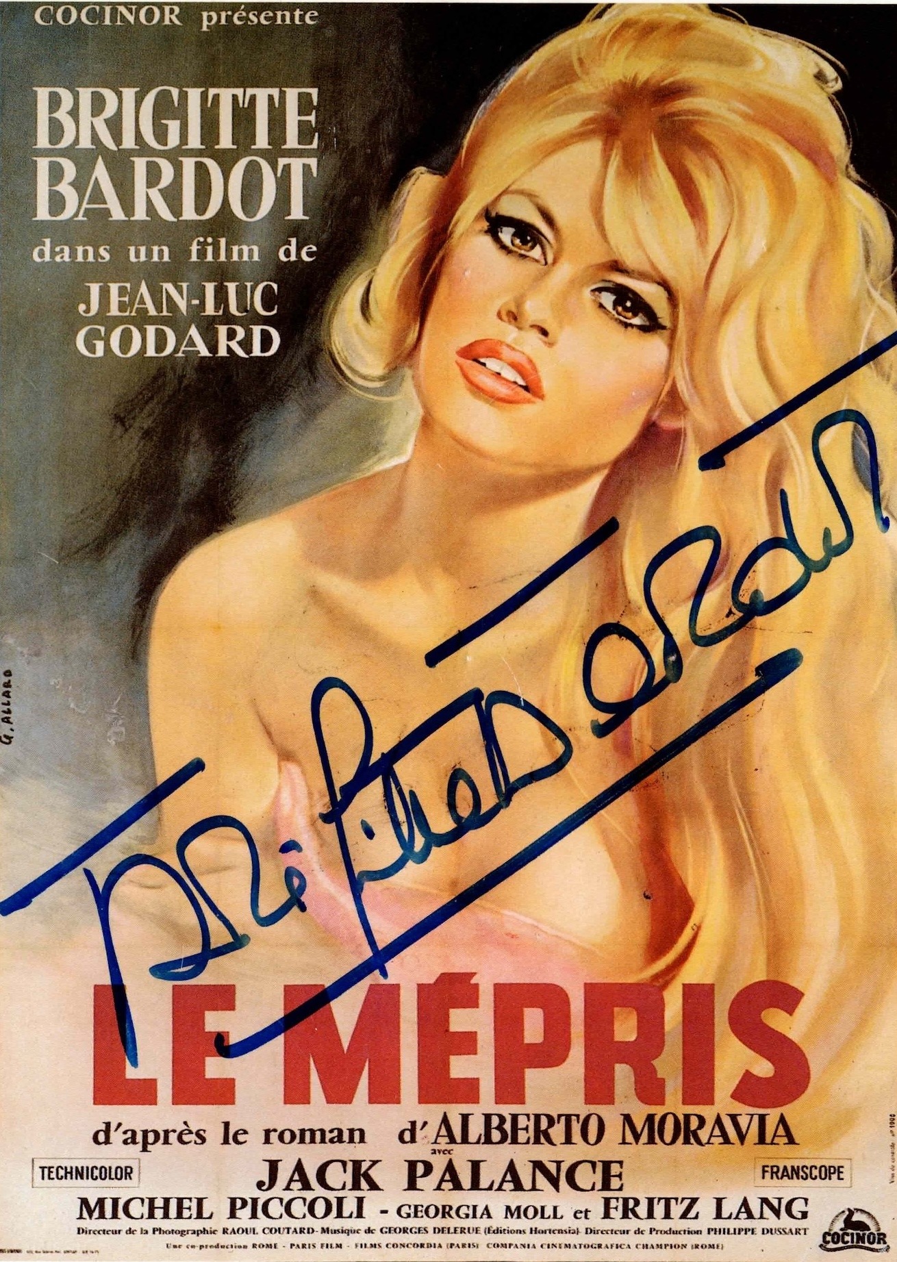 Brigitte BARDOT et Michel PICCOLI signent une carte du film "Le Mépris".