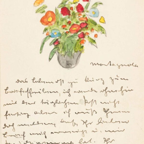 Ein wunderschöner Brief, illustriert mit einem Aquarellstrauß von Hermann HESSE.