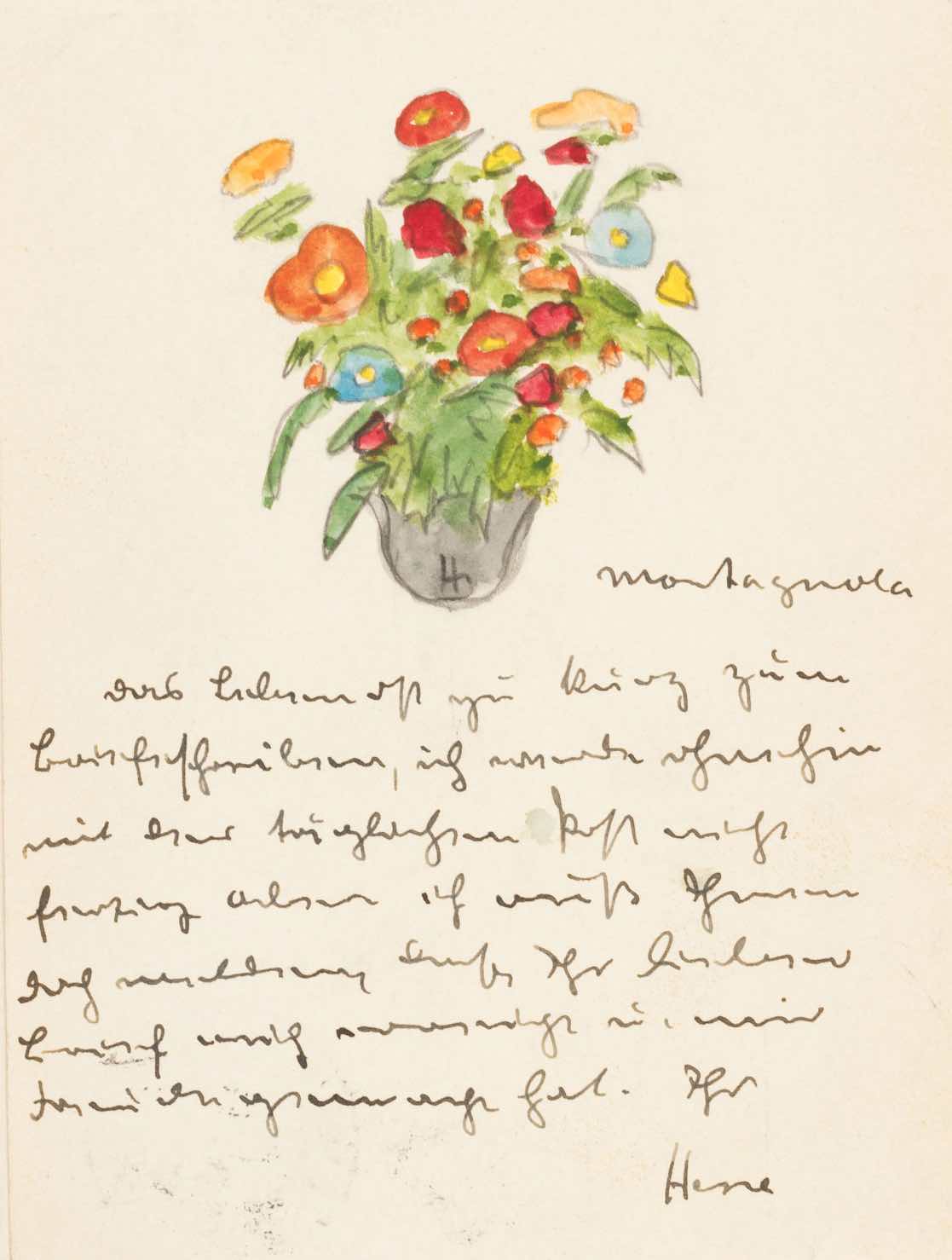 Magnifique lettre illustrée d'un bouquet aquarellé  d'Hermann HESSE. 1927