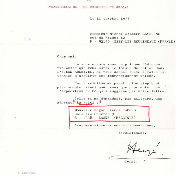 HERGÉ envoie l'adresse de son ami Edgar P. Jacobs. 1973.