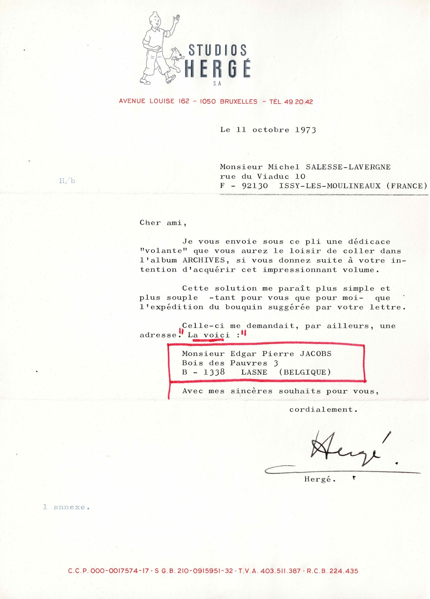 HERGÉ sendet die Adresse seines Freundes Edgar P. Jacobs.