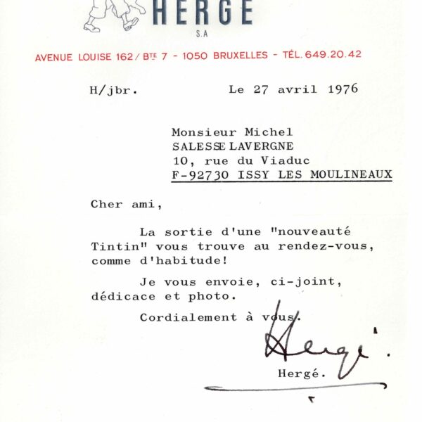 HERGÉ envía un ejemplar firmado con motivo del lanzamiento de Tintín y los Pícaros. 1976.