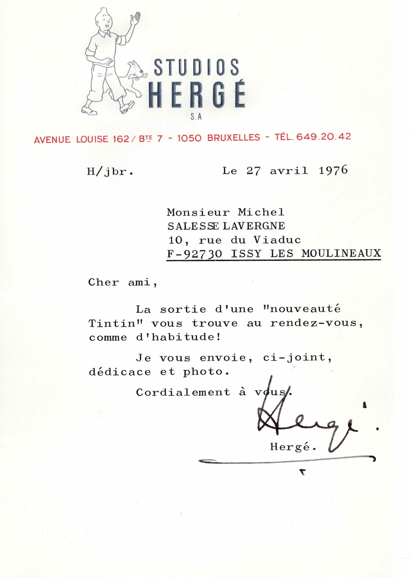 HERGÉ invia una copia autografata per l'uscita di Tintin e i Picaros. 1976.