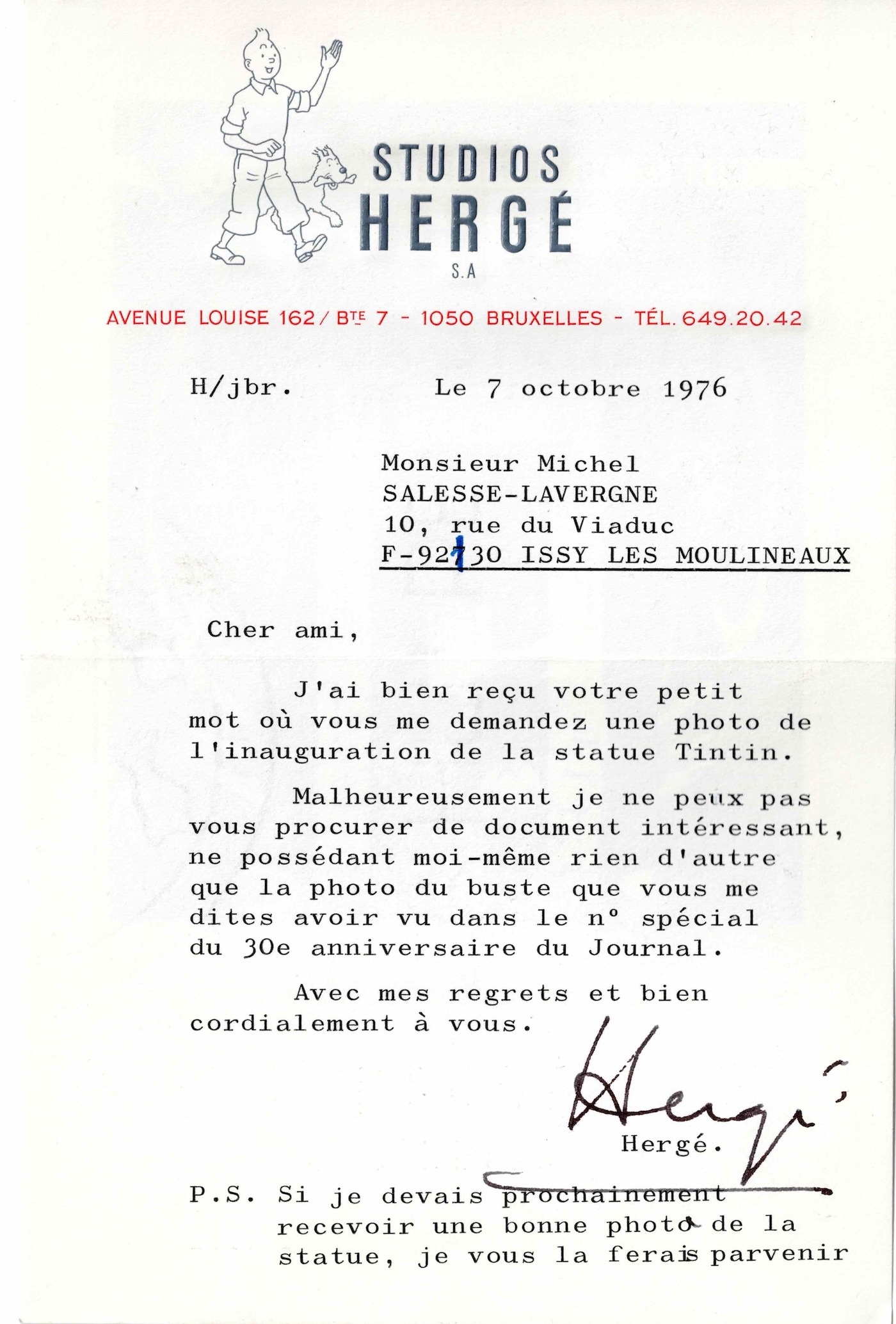 HERGÉ e l'inaugurazione della statua di TINTIN a Bruxelles. 1976.