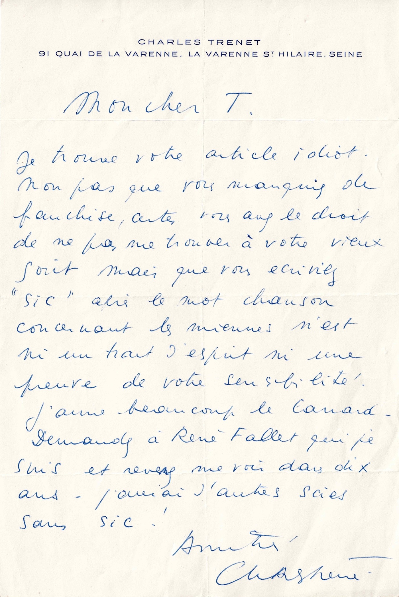 Charles Trenet kann die Kritik von Le Canard enchaîné nicht ertragen.