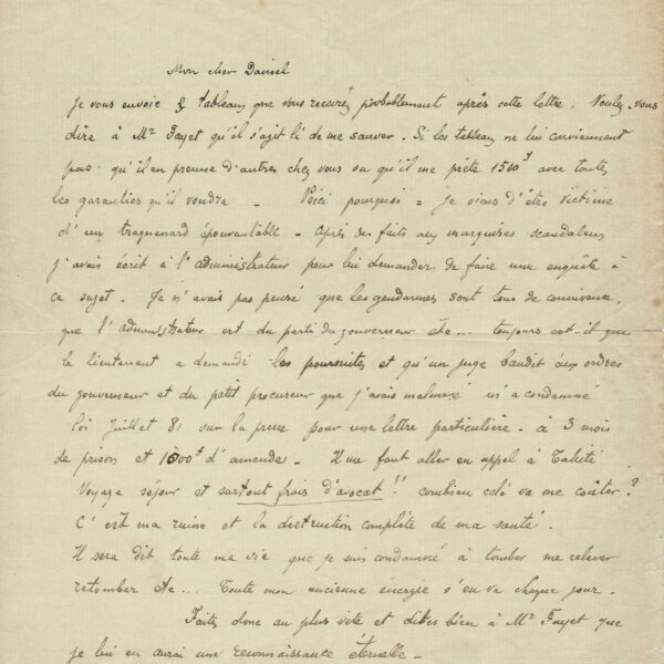 Paul GAUGUIN - Une de ses dernières lettres, tragique. Marquises. 1903.