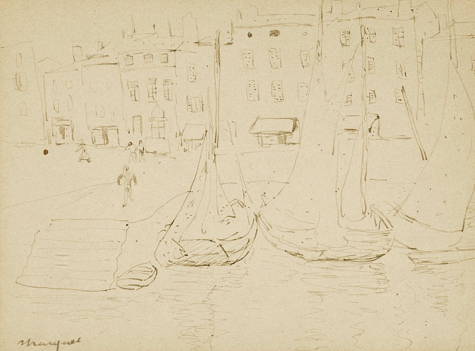 Albert MARQUET esquisse les voiliers à quai au port de St Tropez.
