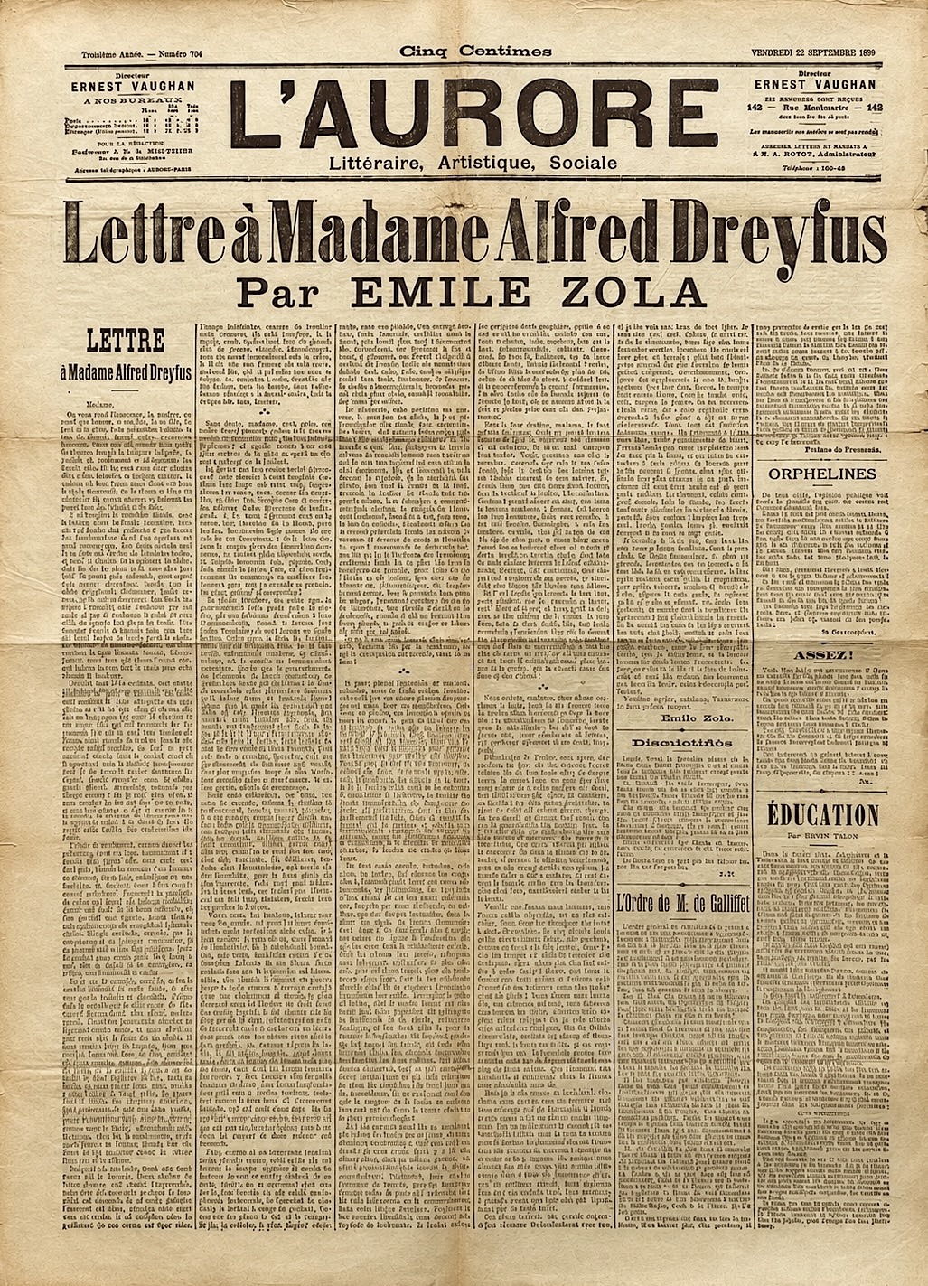 [AFFAIRE DREYFUS] - Émile ZOLA - "Lettre à Madame Alfred Dreyfus". 1899