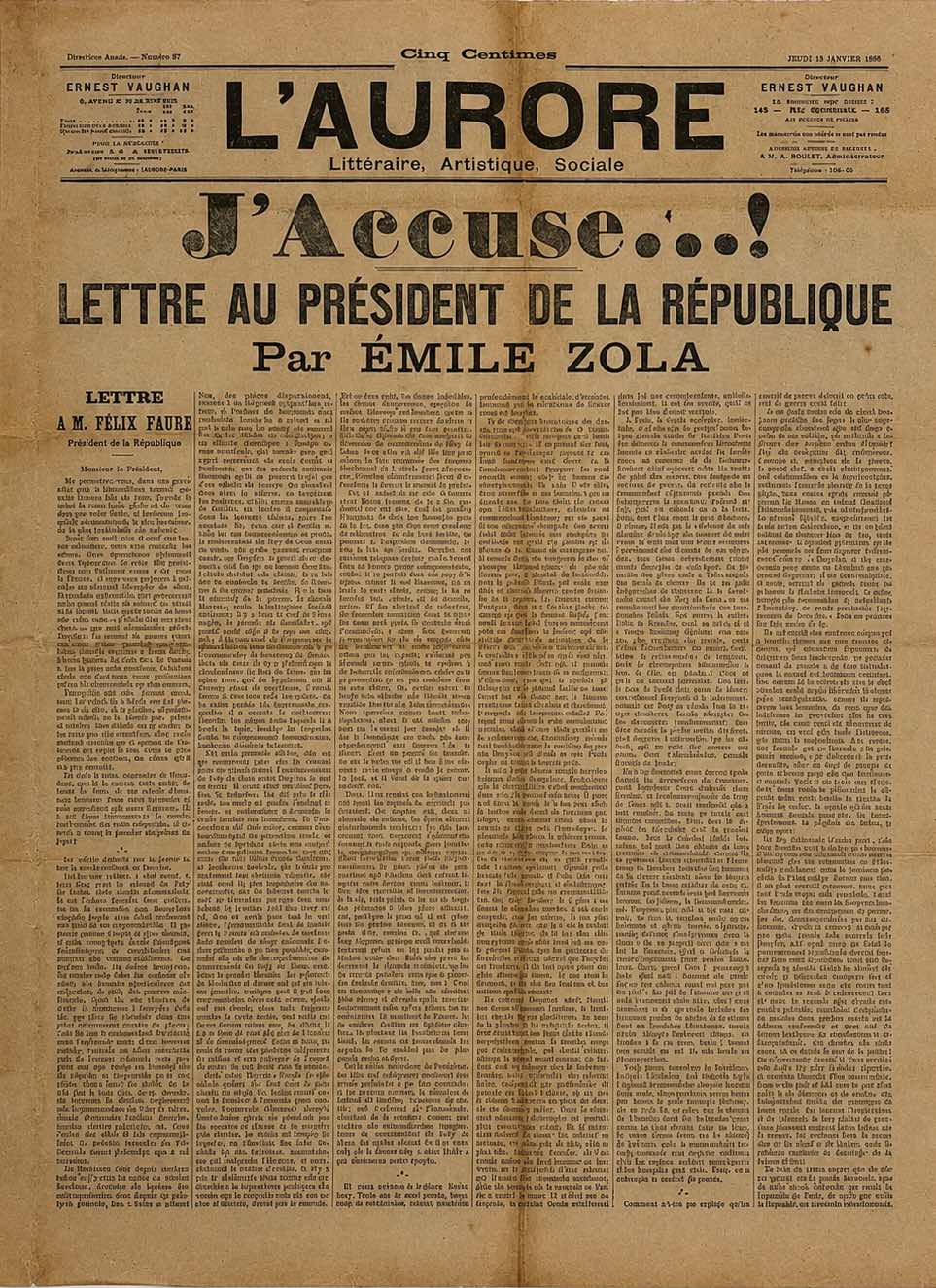 [AFFAIRE DREYFUS] - Émile ZOLA - Édition originale de "L’Aurore". 1898