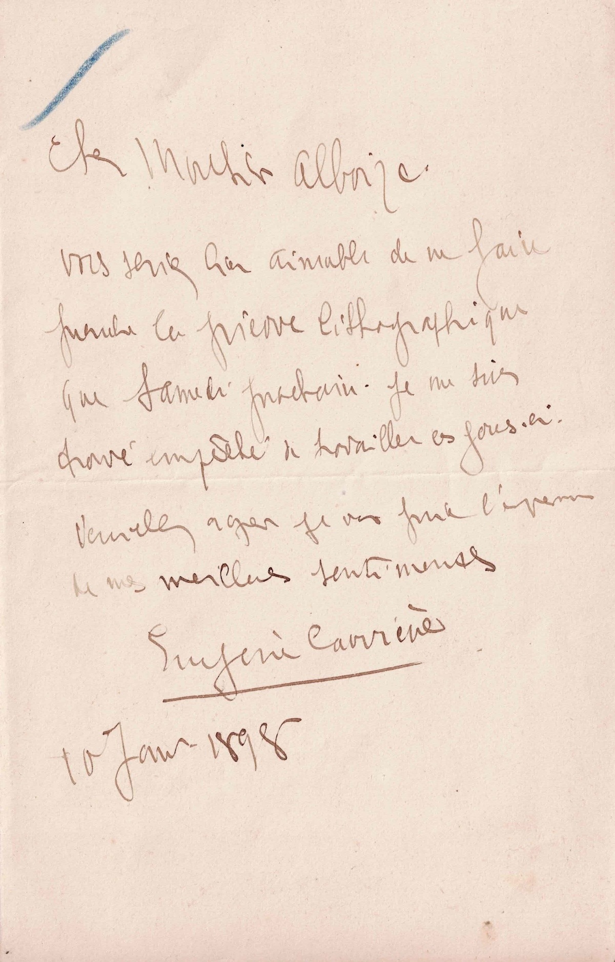 Eugène CARRIÈRE - Deux lettres sur ses travaux lithographiques. – Image 2