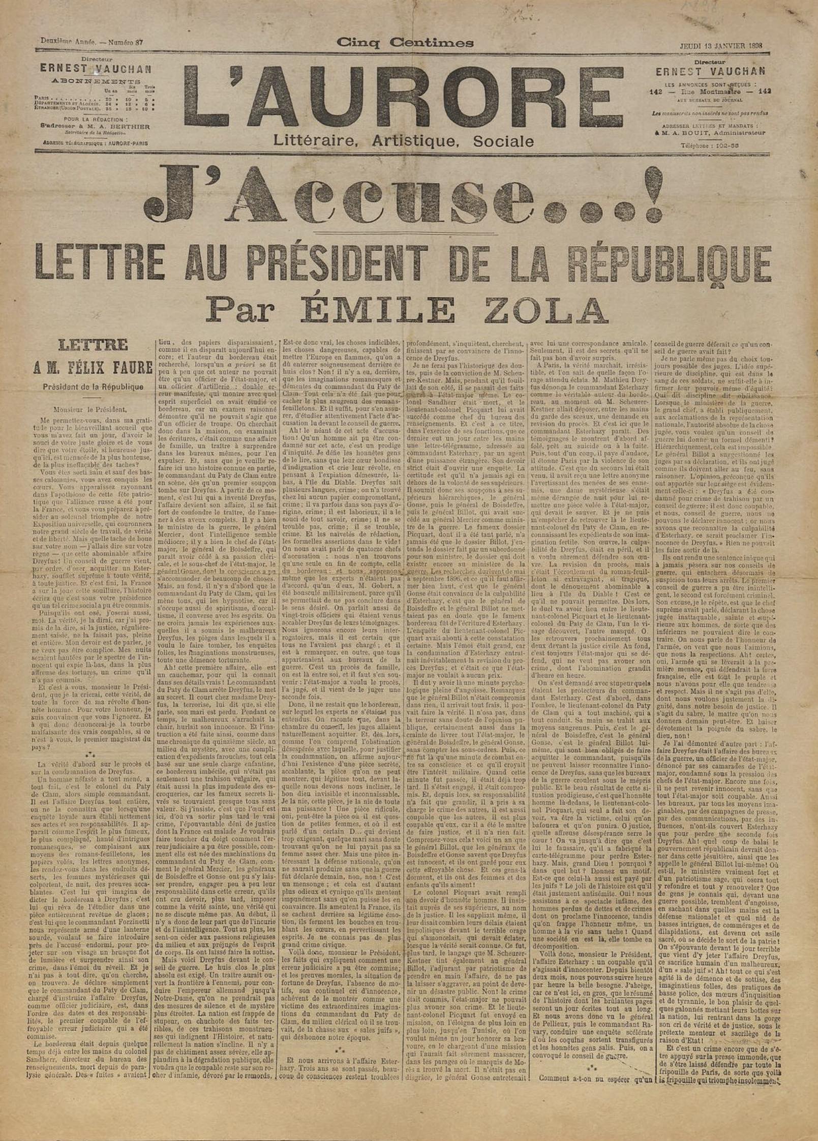 [AFFAIRE DREYFUS] – Émile ZOLA – Édition originale de « L’Aurore ». 1898
