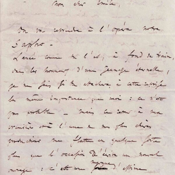 Charles GOUNOD est enthousiasmé par la reprise de "Sapho" à l'opéra.