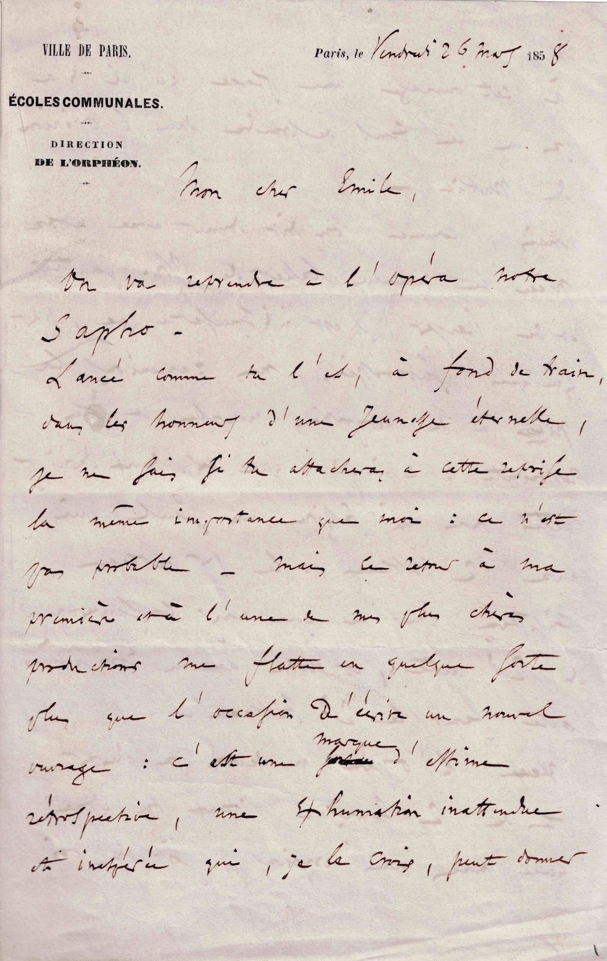 Charles GOUNOD est enthousiasmé par la reprise de "Sapho" à l'opéra.