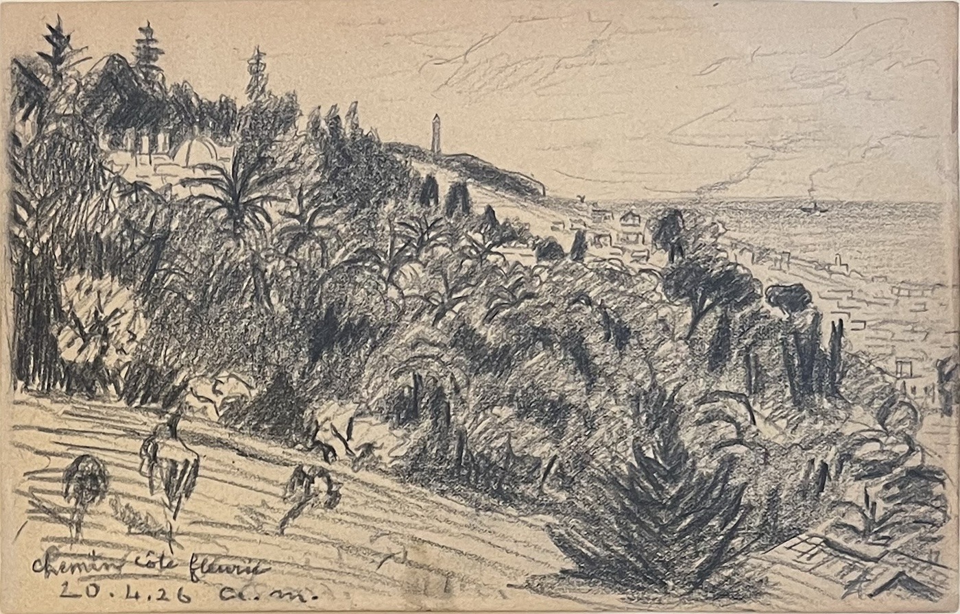 Albert MARQUET - Dessin original - Chemin côte fleurie à Trouville. 1926.