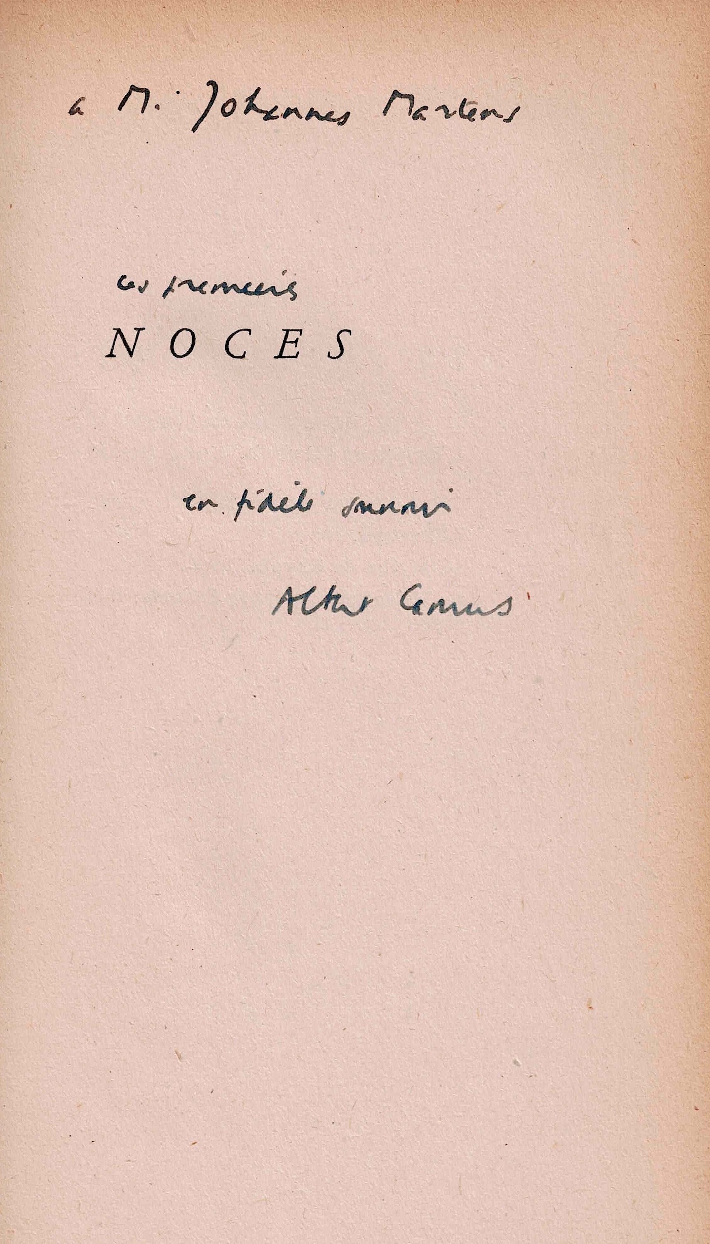 Albert CAMUS dédicace ses "Noces" à J. Martens, son traducteur norvégien.